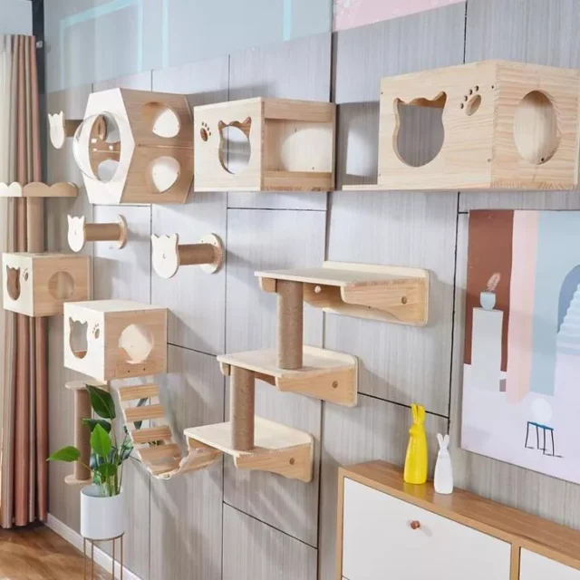 Modern Wall-Mounted Wooden Cat Tree with Scratcher Bridge and Pet Toy Castle